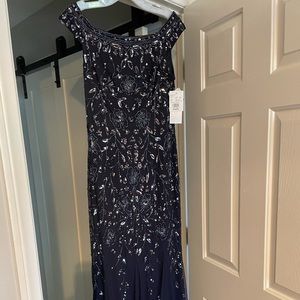 Brand New Beaded Off Shoulder Navy Blue Oleg Cassini dress size 8